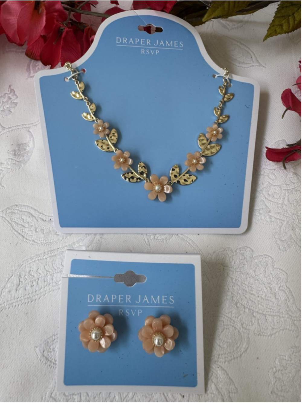 Draper James Goldtone Pink Flowers Necklace Earring Set Feminine Preppy NEW